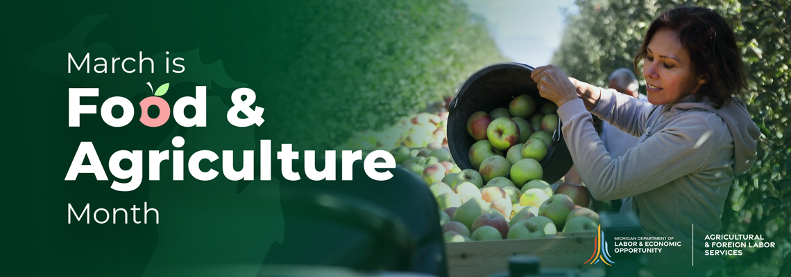 A seasonal farmworker in an apple orchard wearing a sweatshirt on a bright day and pouring apples from a bucket into a cart being towed by a garden tractor. Message: March is Food & Agriculture Month. Logo: Michigan Department of Labor & Economic Opportunity, Agricultural & Foreign Labor Services.