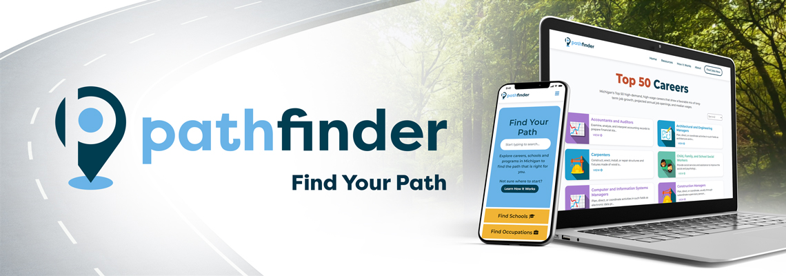 Pathfinder: Find Your Path. Smartphone displaying Find Your Path search bar on Pathfinder website home page and laptop computer displaying Top 50 Careers.