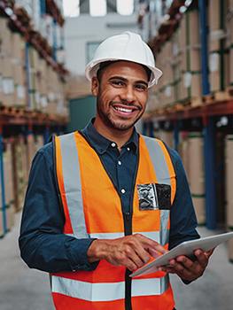Man in warehouse wearing ahard hat with tablet