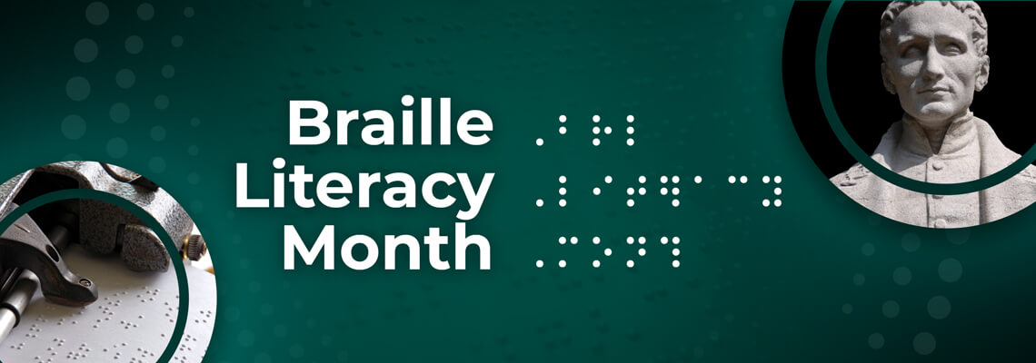 Braille Literacy Month. Abstract background with circles masking images of a Braille printing machine and inventor Louis Braille.