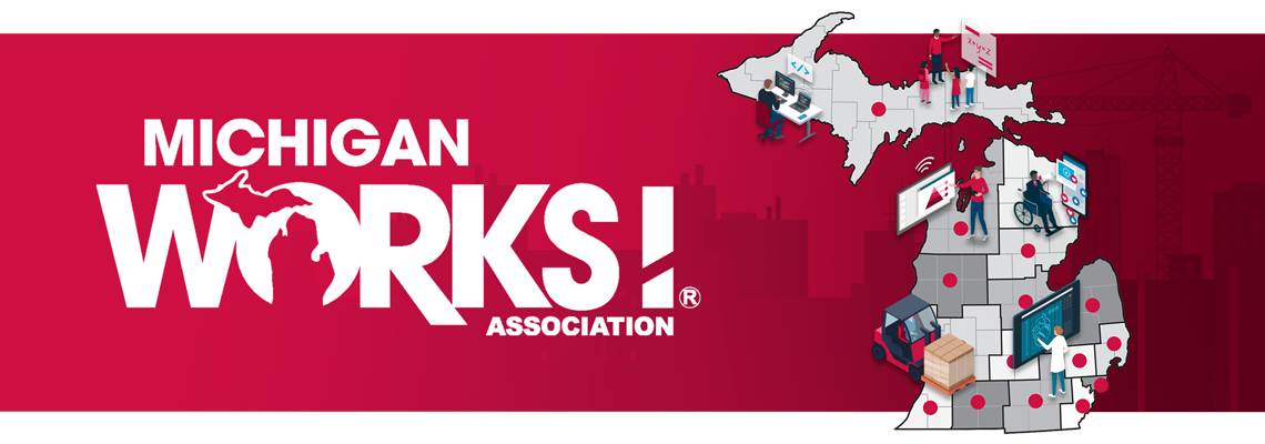 Michigan Works! Association. A map of Michigan showing the Michigan Works! service regions with depictions of people engaged in various occupations throughout the state.